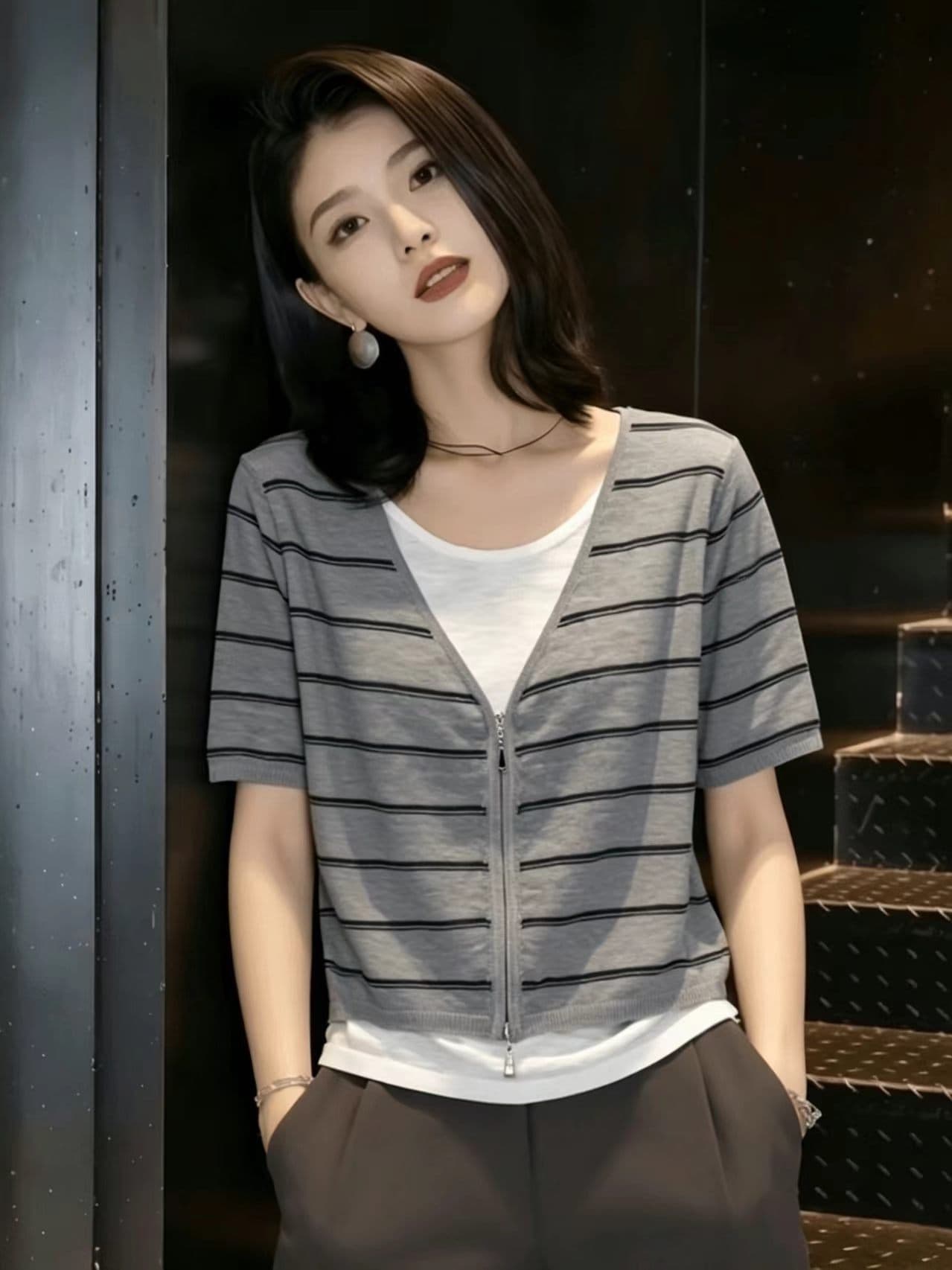 2026 여름 새로운 여성 고급 페이크 레이어드 스트라이프 반팔 티셔츠 출퇴근 바람 슬림해 보이는 표지 고기 다용도 맨위 상세 이미지 2