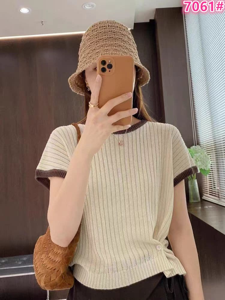 마이크로 지방 mm 미니멀리즘 바람 연령 감소 품격 착용 가져 가라. 배색 반팔 티셔츠 여성 라운드 넥 슬림해 보이는 허리 수축 얇은 스타일 니트 스웨터 상세 이미지 1