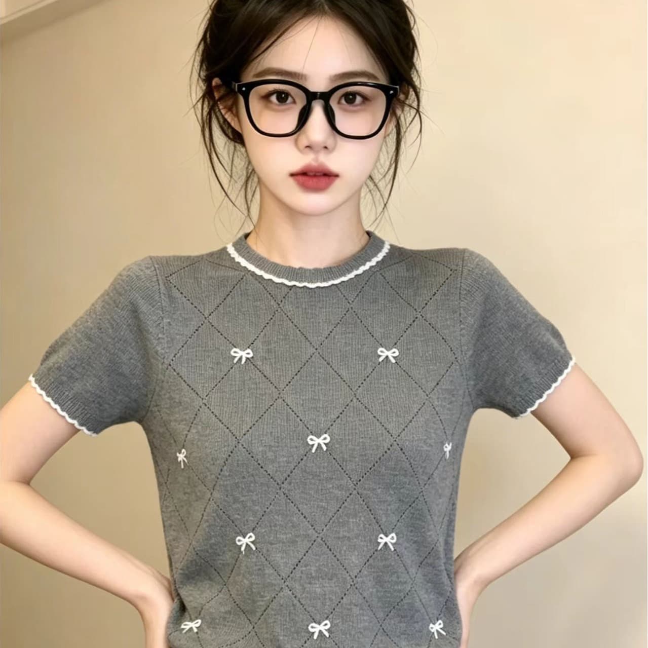 ziiy 세련된 연령 감소 착용 가져 가라. 링 그리드 나비 매듭 짧은 소매 위버 여름 루즈핏 슬림해 보이는 출퇴근 맨위 이미지 5