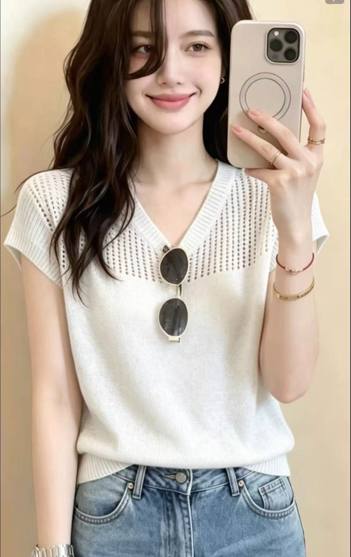 여름 신제품 라운드 넥 Feifei 소매 홀로우 아웃 조심해. 기계 디자인 센스 풀오버 얇은 스타일 니트 스웨터 이미지 2