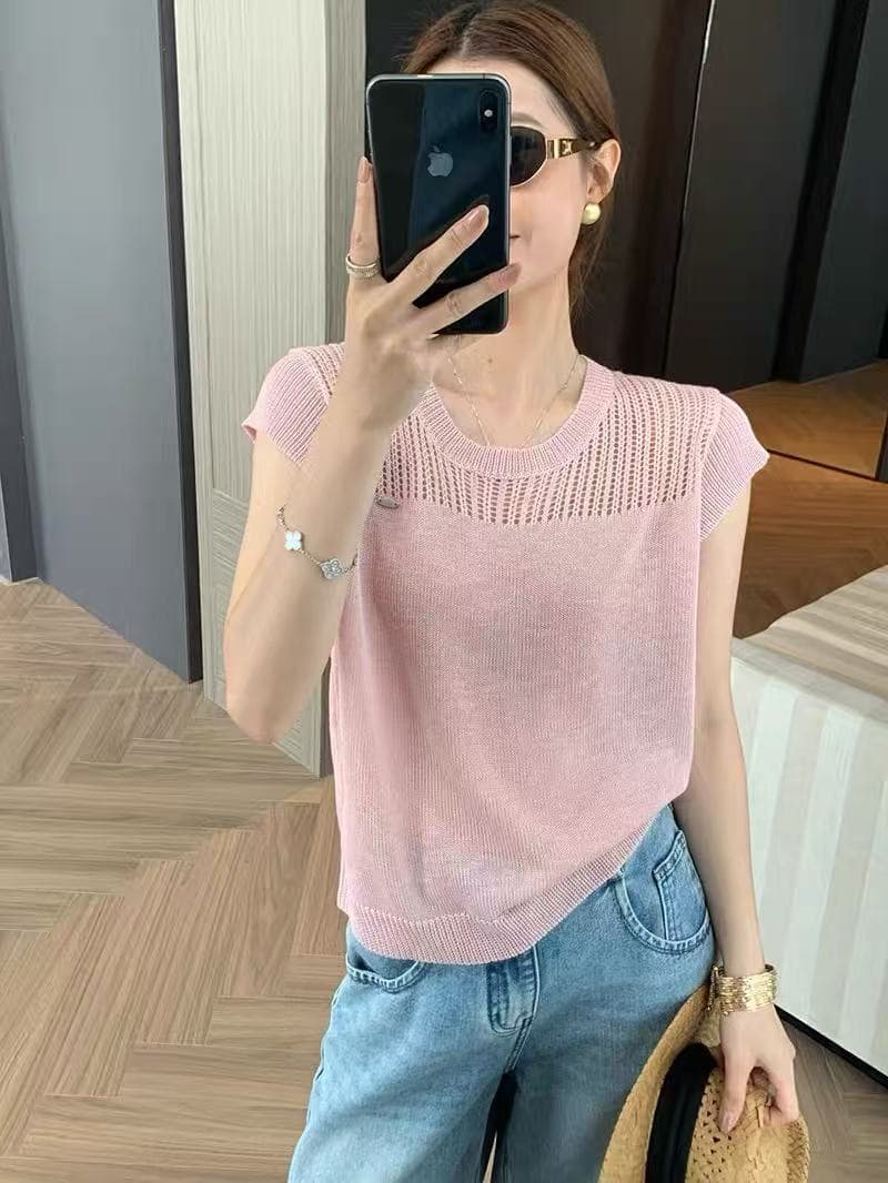 여름 신제품 라운드 넥 Feifei 소매 홀로우 아웃 조심해. 기계 디자인 센스 풀오버 얇은 스타일 니트 스웨터 상세 이미지 1