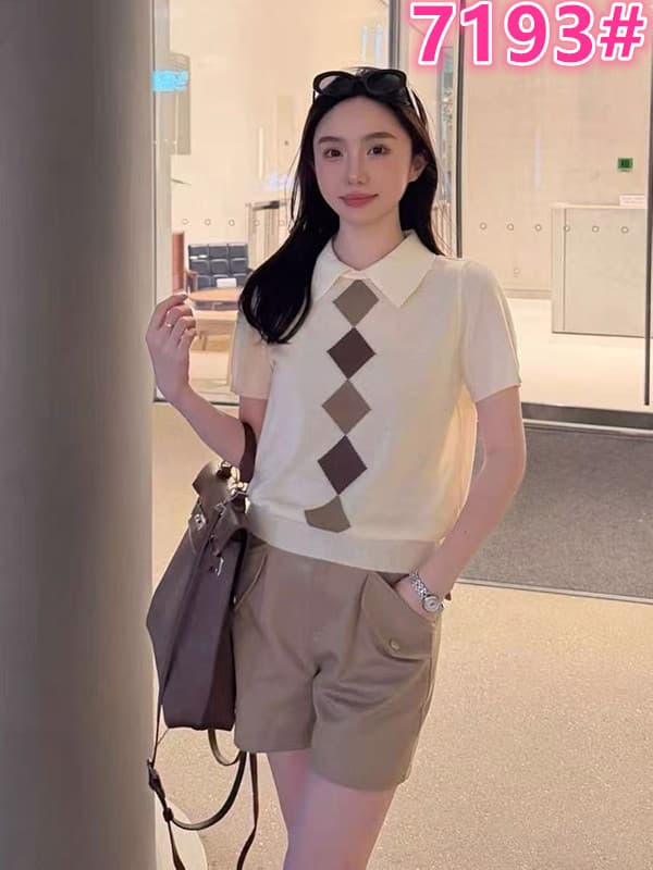 한 부서 학원 스타일 POLO 칼라 링 그리드 반팔 티셔츠 니트 스웨터 여성 여름 루즈핏 슬림해 보이는 캐주얼 맨위 얇은 스타일