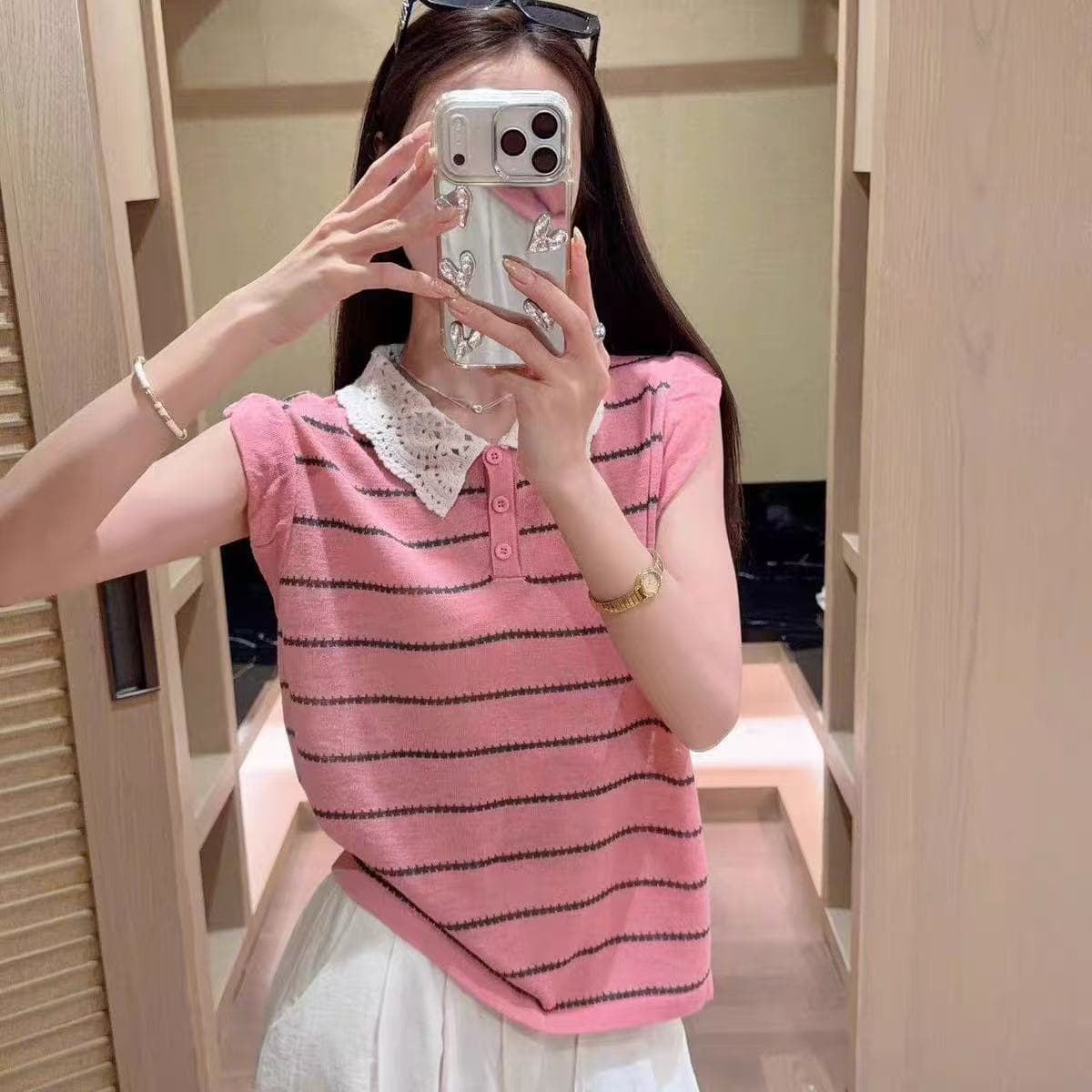 한 부서 산소 센스 자수 폴로 칼라 스트라이프 민소매 POLO 셔츠 여성 여름 새로운 품격 슬림해 보이는 다용도 맨위 상세 이미지 5