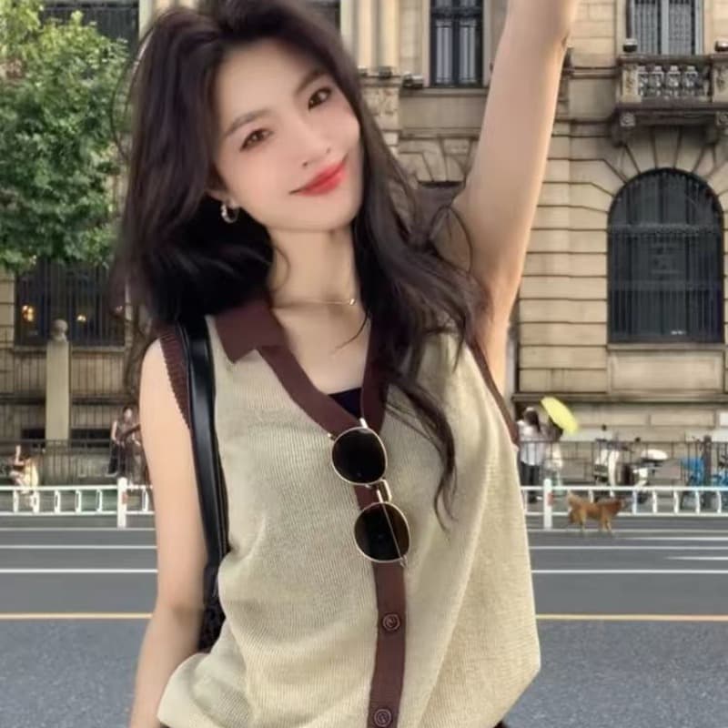 올해 인기 ~ 중 폭발 여성 의류 여름 2026 새로운 배색 패치워크 홀로우 아웃 반 개방 칼라 외국 가스 조끼 맨위 이미지 5