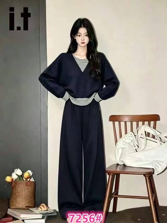 느긋한 바람 한 부서 스트라이프 패치워크 페이크 레이어드 니트 스웨터 스웨터 여자 가을 겨울 패션 루즈핏 캐주얼 세트 상세 이미지 1