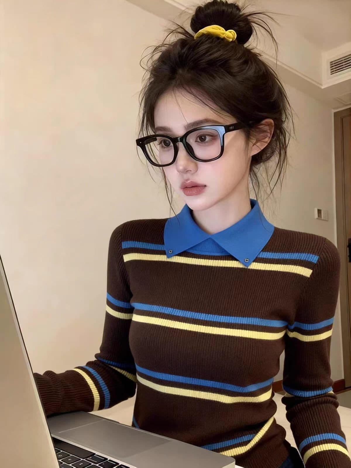 배색 스트라이프 페이크 레이어드 몸매 가꾸기 허리 수축 만나는 인사이드 가져 가라. 긴팔 티셔츠 여성 봄 2026 슈퍼 화재 연령 감소 맨위 상세 이미지 4