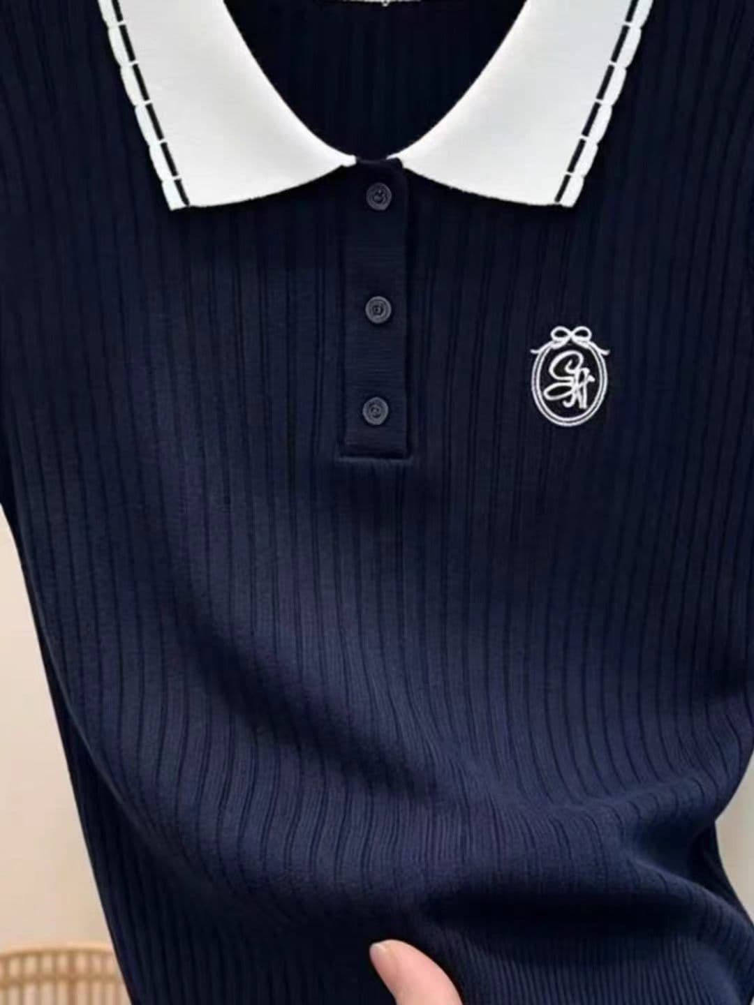 학원 스타일 POLO 칼라 배색 니트 스웨터 여성용 짧은 소매 몸매 가꾸기 휘장 패턴 빅 사이즈 여름 새로운 풀오버 맨위 이미지 4