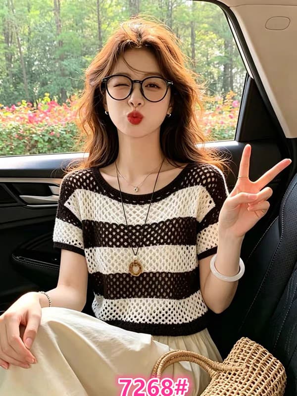 프랑스식 홀로우 아웃 스트라이프 반팔 라운드 넥 니트 스웨터 여성 여름 2026 새로운 외국 가스 다용도 망상 풀오버 맨위 상세 이미지 1