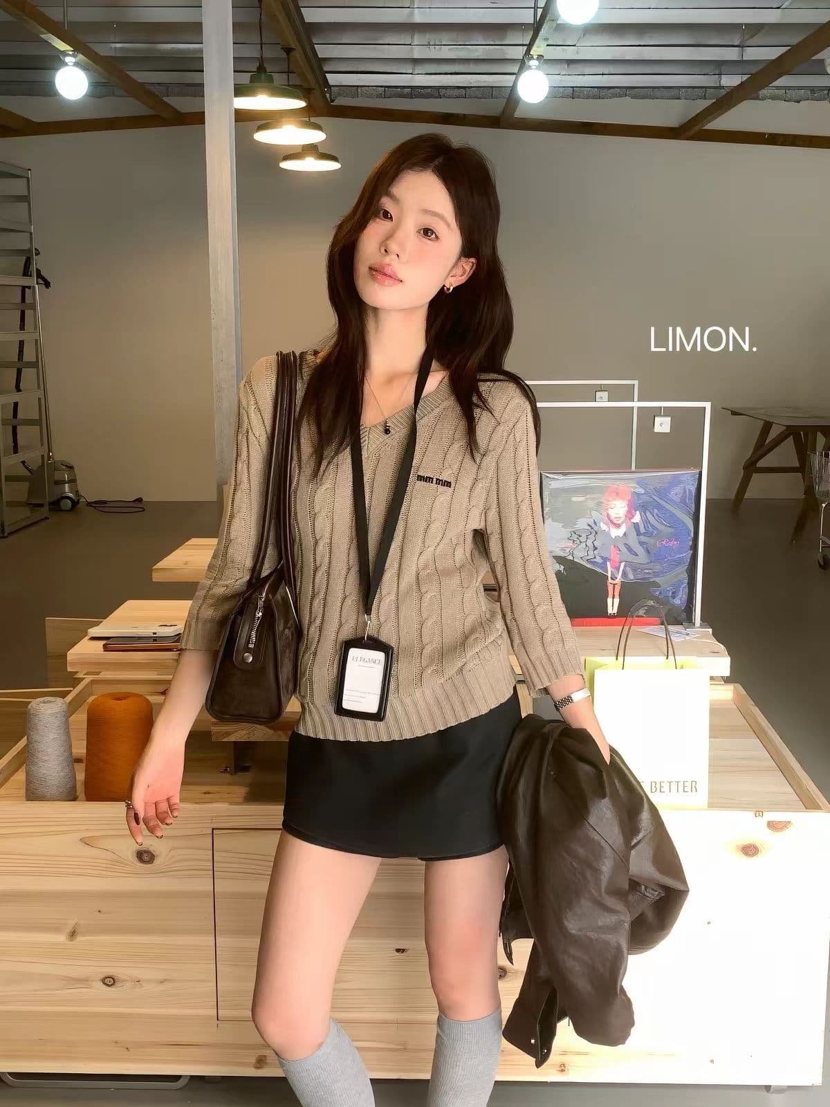 the limon 레몬 녹차 한 부서 품격 V넥 트위스트 꽃 자수 다용도 니트 스웨터 여성 중간 소매 맨위 가을 상세 이미지 4