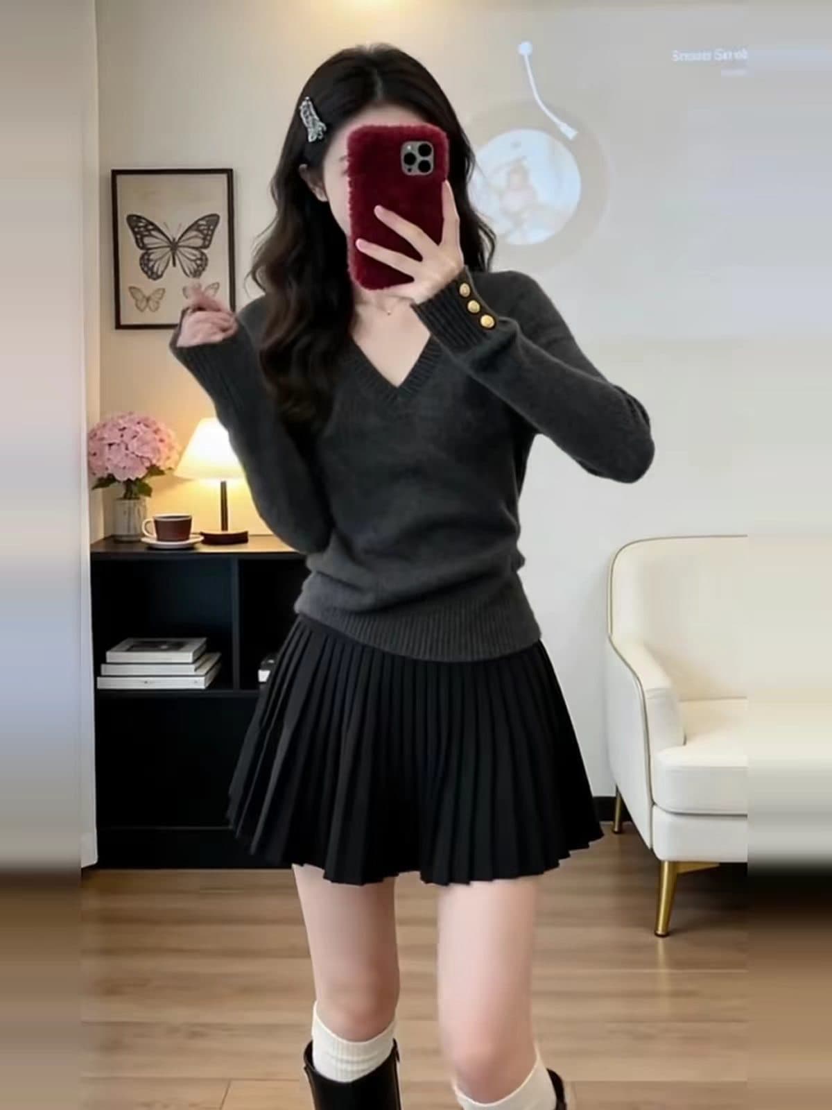 프랑스식 고급 센스 빨간색 V넥 스웨터 여자 이른 가을 2026 새로운 수 있습니다. 외출용 인사이드 가져 가라. 기본 셔츠 니트 맨위 상세 이미지 4