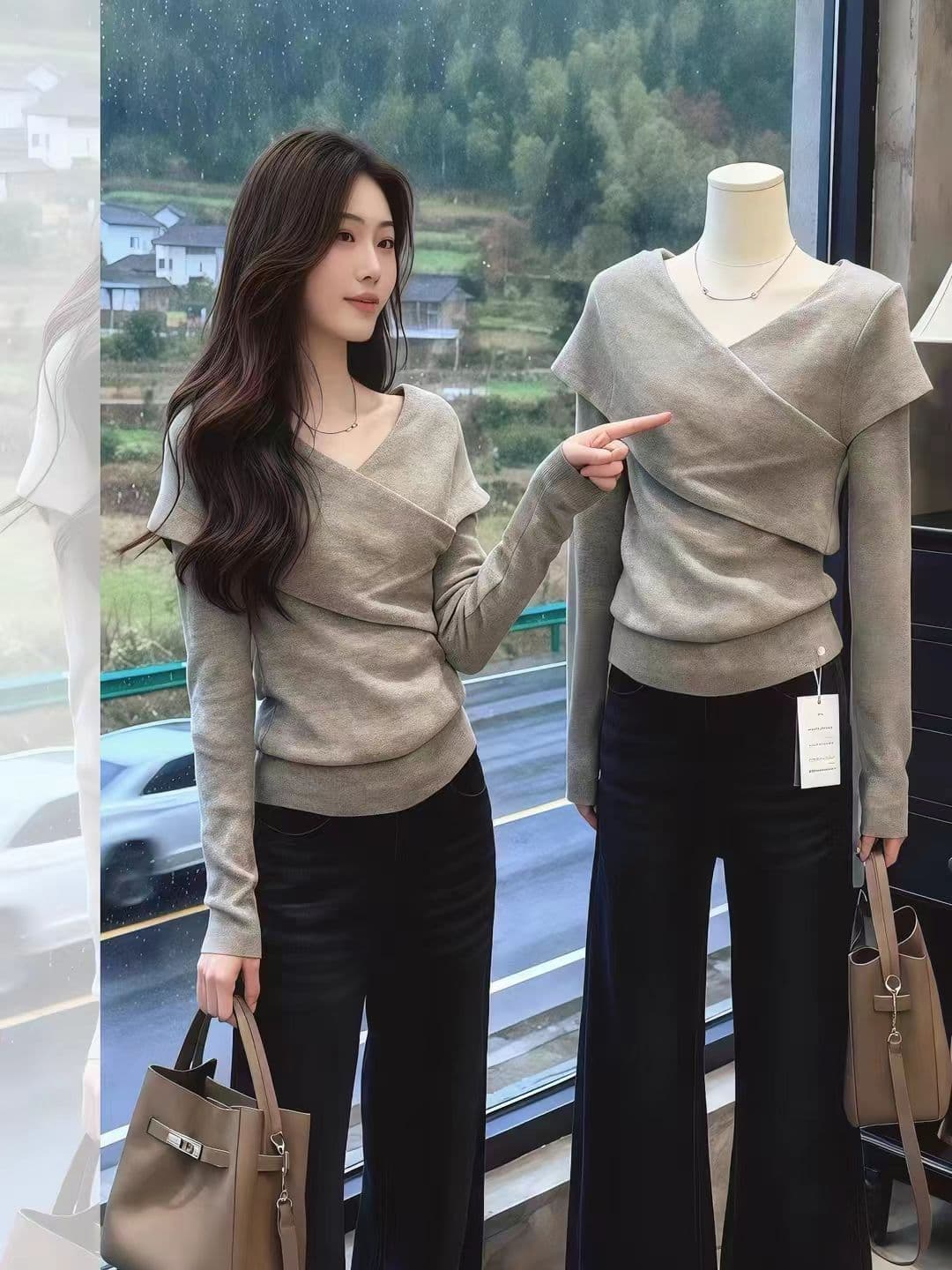 불규칙 회색 십자가 V넥 니트 기본 셔츠 여성 봄 디자인 센스 작은 대중 인사이드 가져 가라. 몸매 가꾸기 만나는 맨위 상세 이미지 3