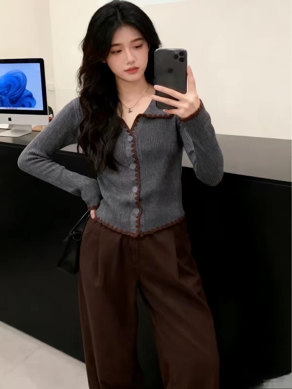 아름다운 한 부서 회색 폴로 칼라 Chic 만나는 니트 오픈 가디건 여성 몸매 가꾸기 디자인 센스 chic 배색 스웨터 맨위 이미지 4