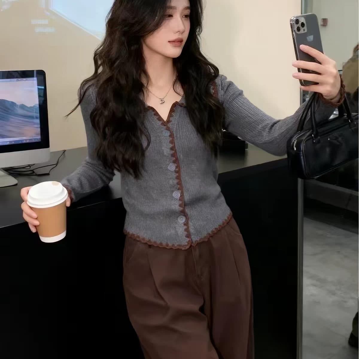 아름다운 한 부서 회색 폴로 칼라 Chic 만나는 니트 오픈 가디건 여성 몸매 가꾸기 디자인 센스 chic 배색 스웨터 맨위 이미지 5