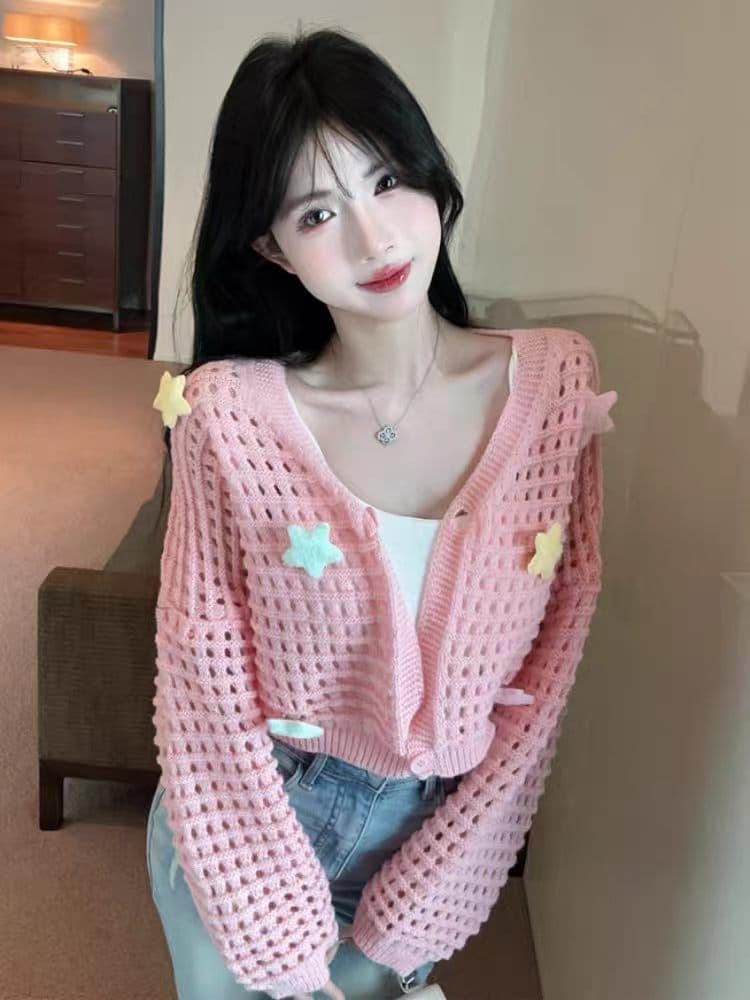 부드러운 바람 달콤함 핑크색 홀로우 아웃 니트 여성 코트 조기 가을 새로운 스웨터 오픈 가디건 외부 가져 가라. 쇼트 스타일 맨위 상세 이미지 4