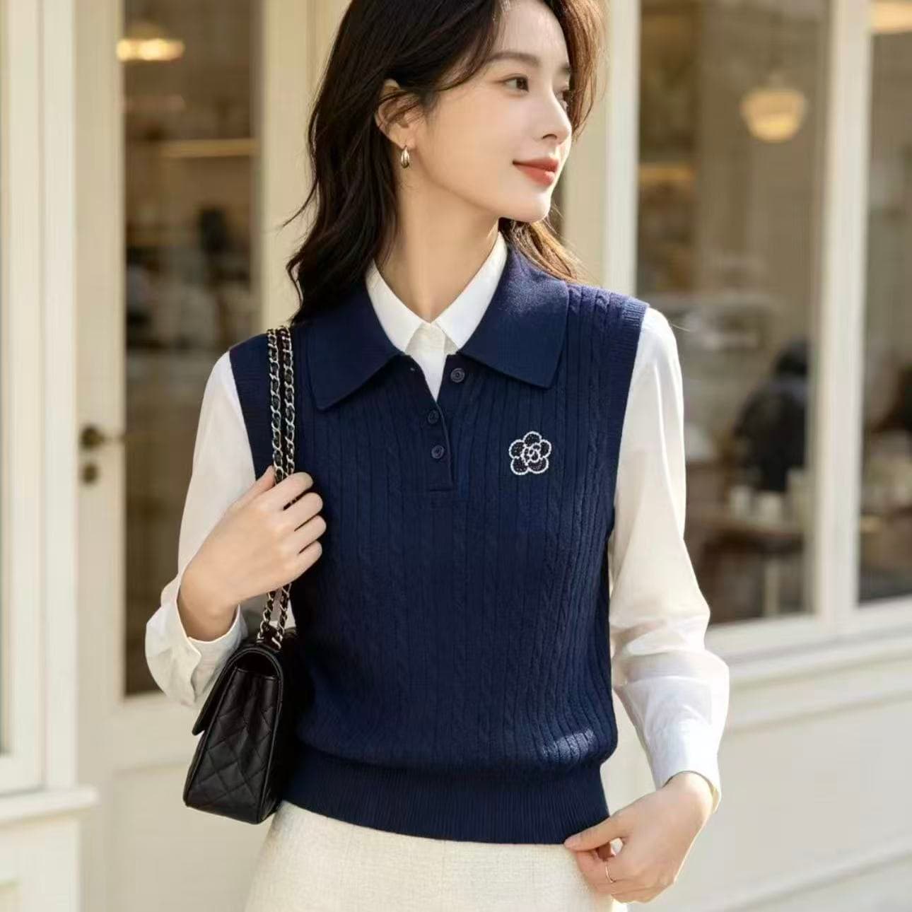 새로운 다용도 섹션 주간 실크 POLO 칼라 니트 베스트 새로운 스택 착용 맨위 이미지 4