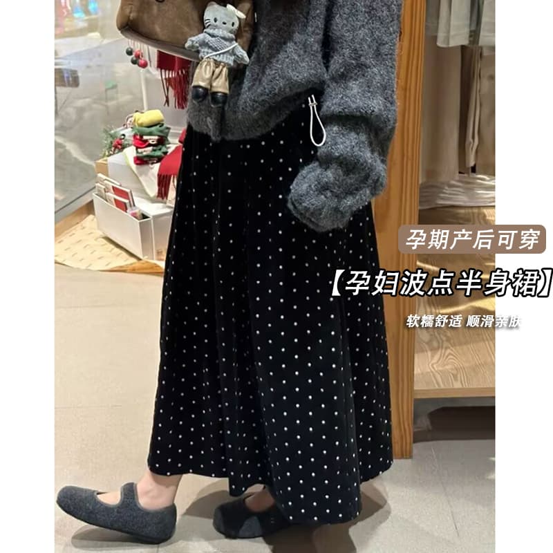 지금 임산부 2026 가을 겨울 프랑스식 레트로 하이웨이스트 코듀로이 A라인 스커트 슬림해 보이는 고급 센스 도트 무늬 반신 스커트 이미지 3