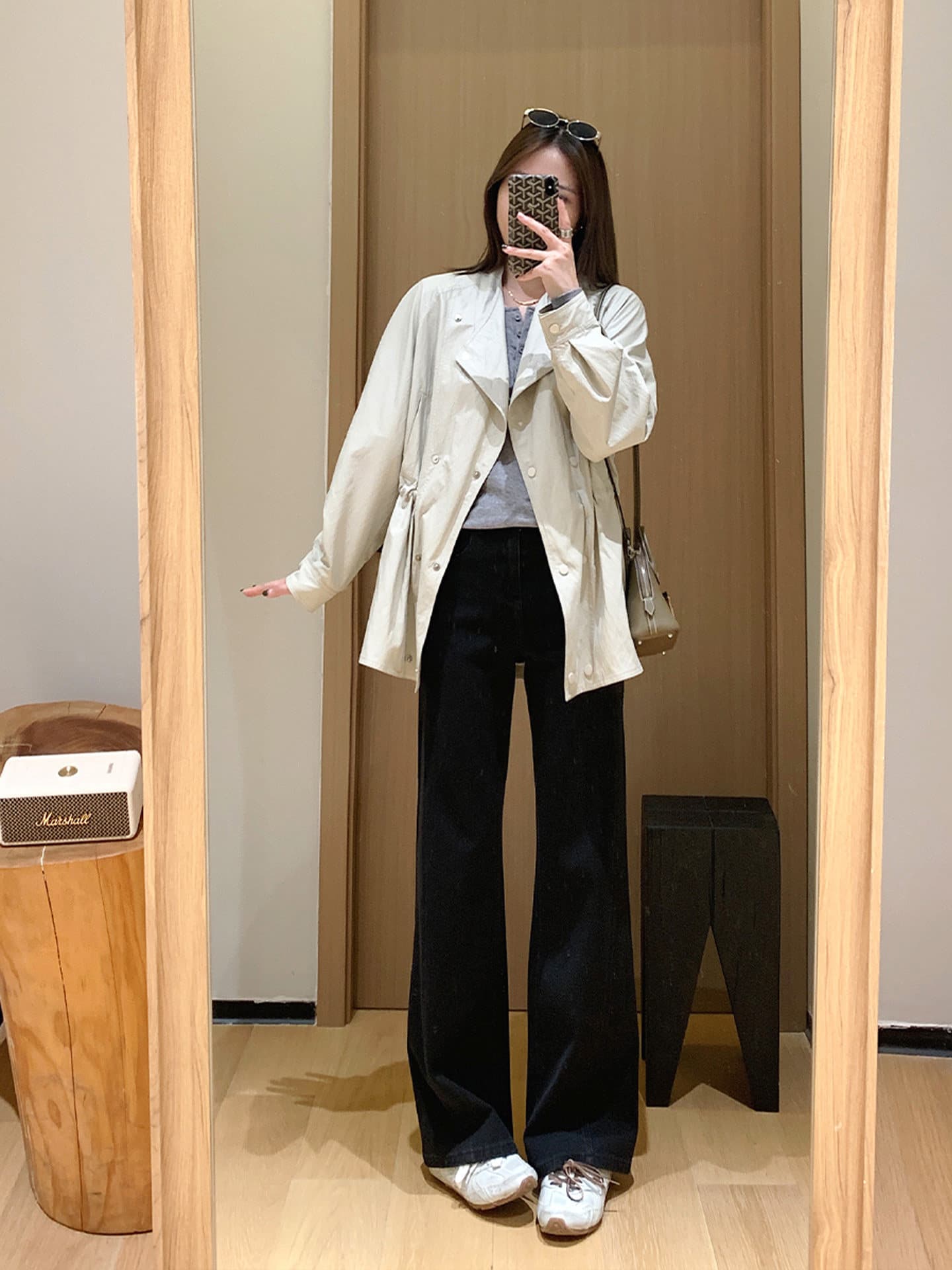 검정색 아니요 막대기 다리 부츠컷 청바지 여성 봄 가을 지방 mm 빅 사이즈 배 모양 몸 표지 넓적 다리 슬림해 보이는 하이웨이스트 와이드 레그 팬츠 이미지 4