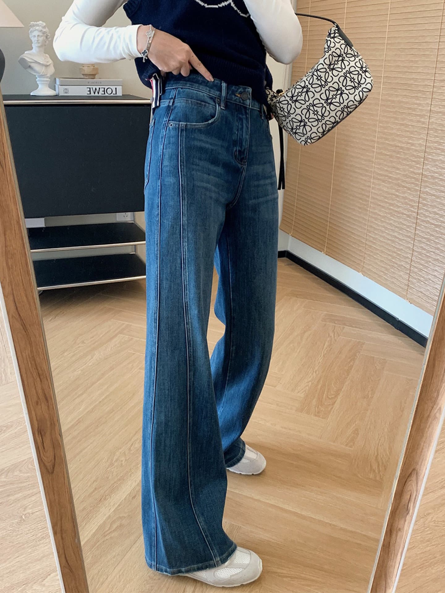 검정색 아니요 막대기 다리 부츠컷 청바지 여성 봄 가을 지방 mm 빅 사이즈 배 모양 몸 표지 넓적 다리 슬림해 보이는 하이웨이스트 와이드 레그 팬츠 이미지 5
