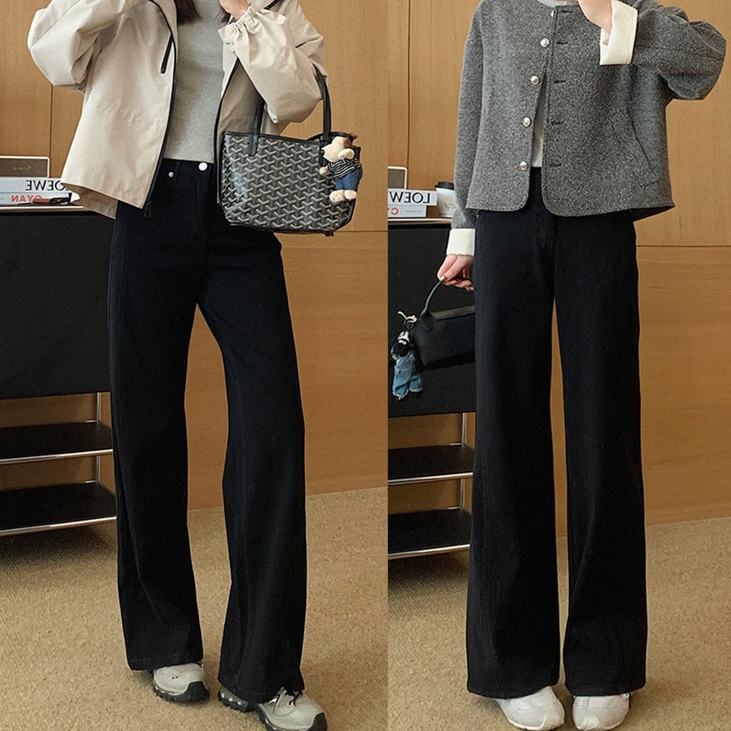 검정색 아니요 막대기 다리 부츠컷 청바지 여성 봄 가을 지방 mm 빅 사이즈 배 모양 몸 표지 넓적 다리 슬림해 보이는 하이웨이스트 와이드 레그 팬츠 이미지 6