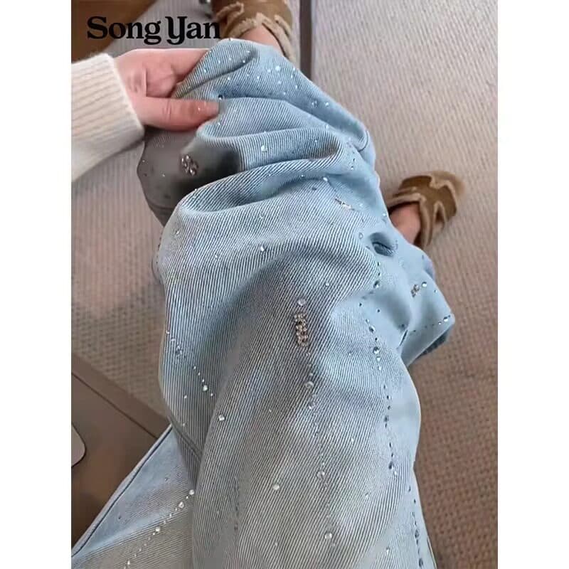 레트로 하늘색 핫픽스 청바지 여성 2025 봄 새로운 루즈핏 하이웨이스트 와이드 레그 팬츠 슬림해 보이는 패션 다용도 상세 이미지 3