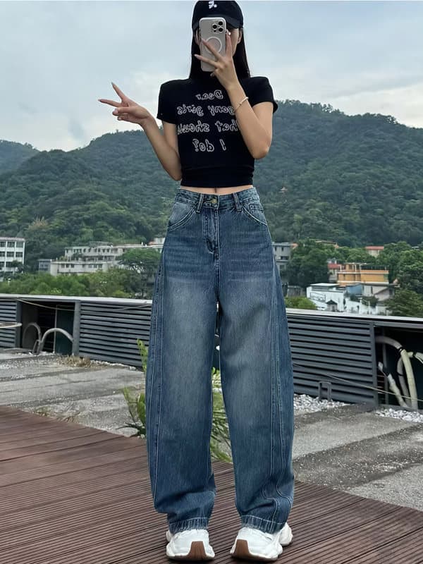 레트로 청바지 여성 빅 사이즈 지방 mm 패션 모통이 칼 바지 하이웨이스트 슬림해 보이는 표지 넓적 다리 디자인 센스 루즈핏 넓은 다리 길이 바지 이미지 5
