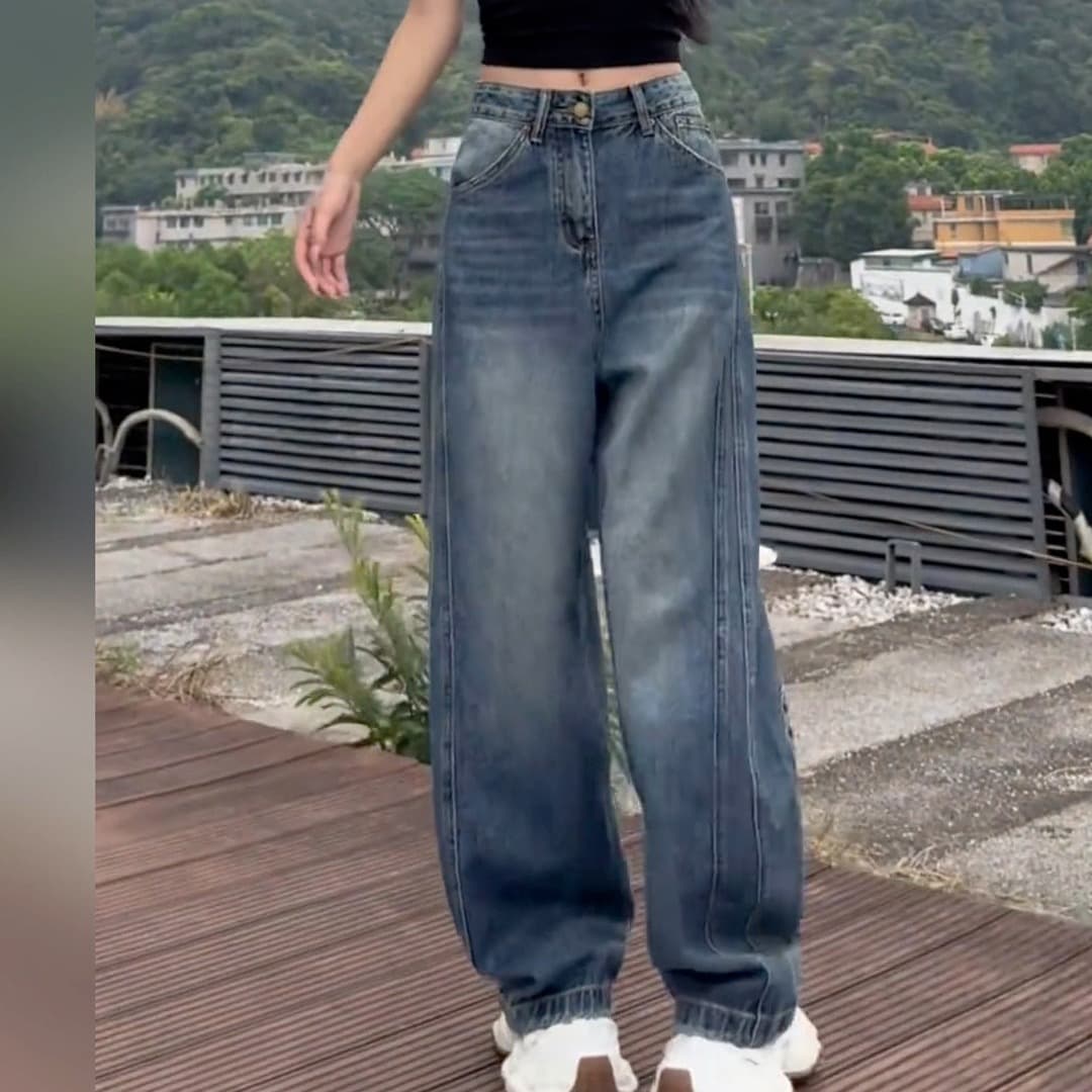 레트로 청바지 여성 빅 사이즈 지방 mm 패션 모통이 칼 바지 하이웨이스트 슬림해 보이는 표지 넓적 다리 디자인 센스 루즈핏 넓은 다리 길이 바지 이미지 6