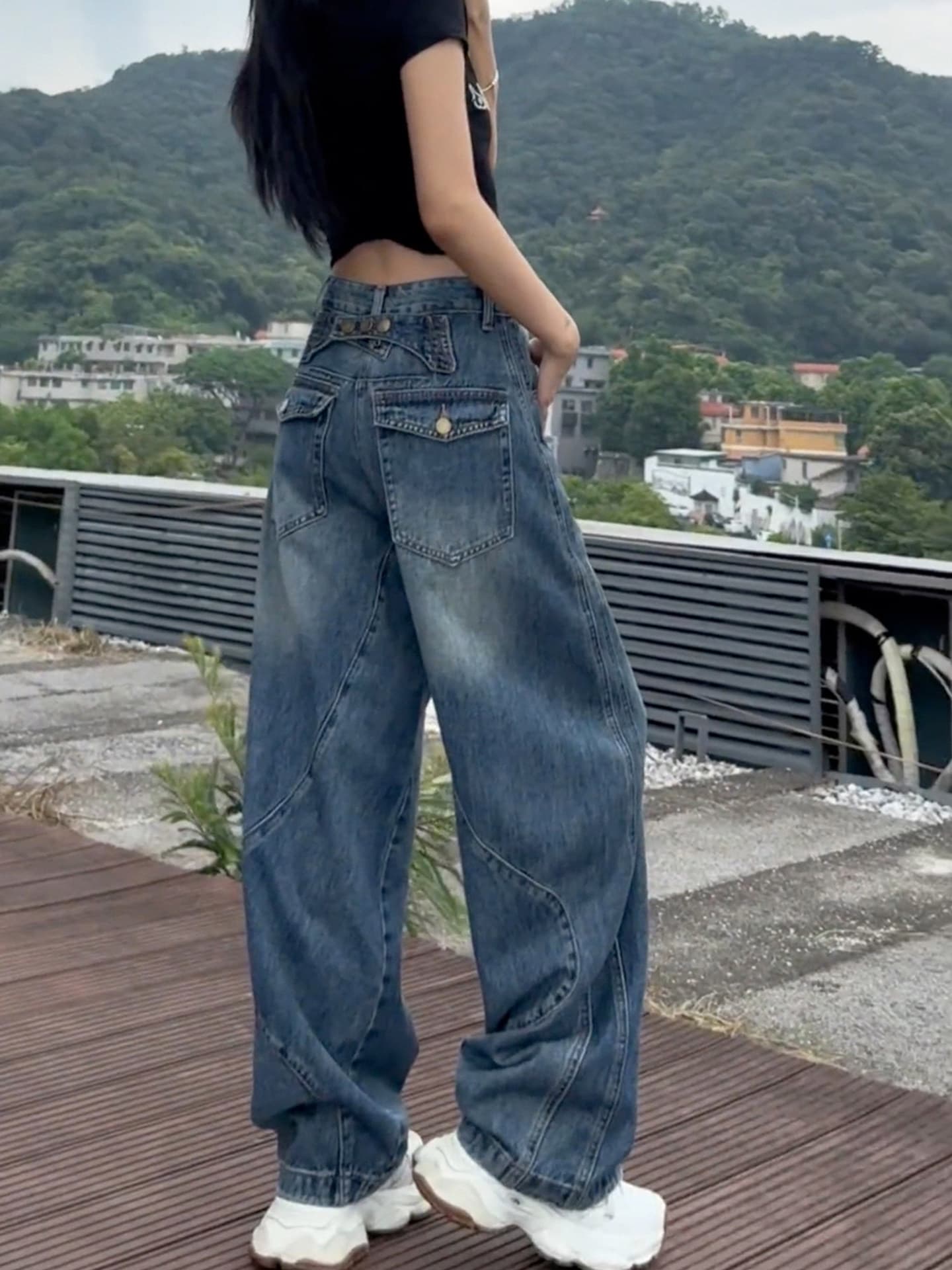 레트로 청바지 여성 빅 사이즈 지방 mm 패션 모통이 칼 바지 하이웨이스트 슬림해 보이는 표지 넓적 다리 디자인 센스 루즈핏 넓은 다리 길이 바지 상세 이미지 3