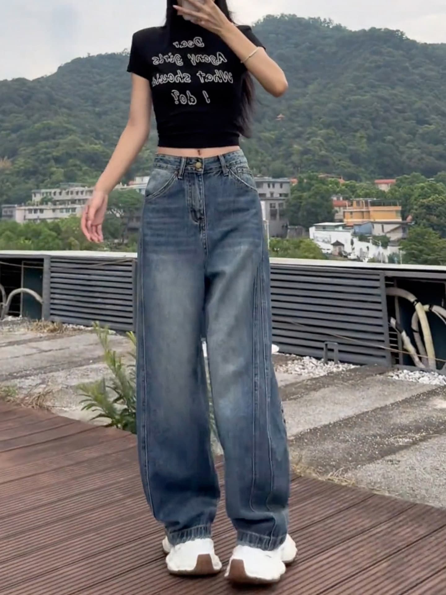 레트로 청바지 여성 빅 사이즈 지방 mm 패션 모통이 칼 바지 하이웨이스트 슬림해 보이는 표지 넓적 다리 디자인 센스 루즈핏 넓은 다리 길이 바지 상세 이미지 4