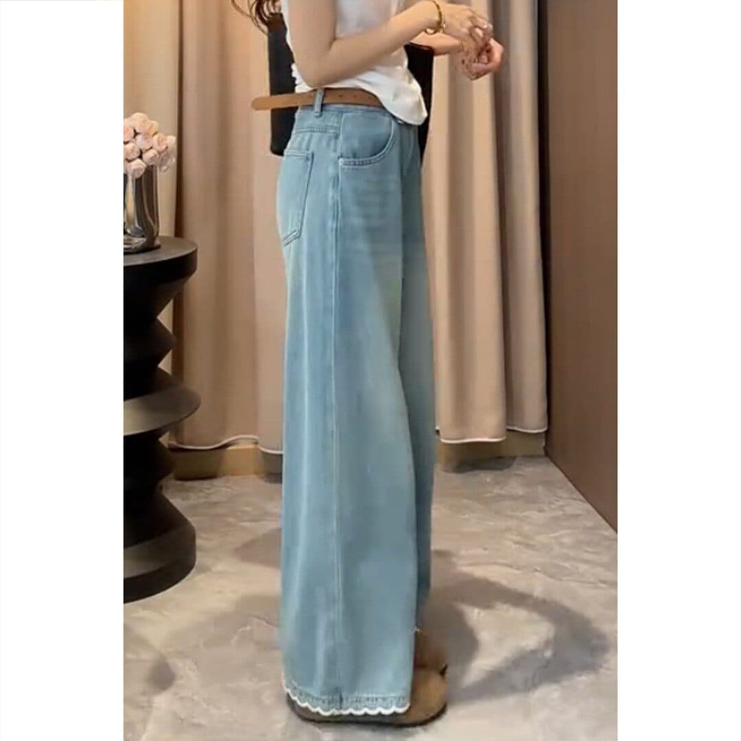빅 사이즈 레이스 바지 루즈핏 넓은 다리 청바지 여성 한 부서 품격 슬림해 보이는 다용도 슬림해 보이는 패션 바지 상세 이미지 5