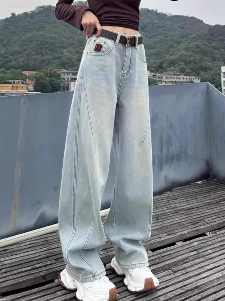밝은색 넓은 다리 모통이 칼 청바지 여성 봄 가을 새로운 빅 사이즈 지방 mm 하이웨이스트 슬림해 보이는 루즈핏 스트레이트 바닥 청소 바지 이미지 5