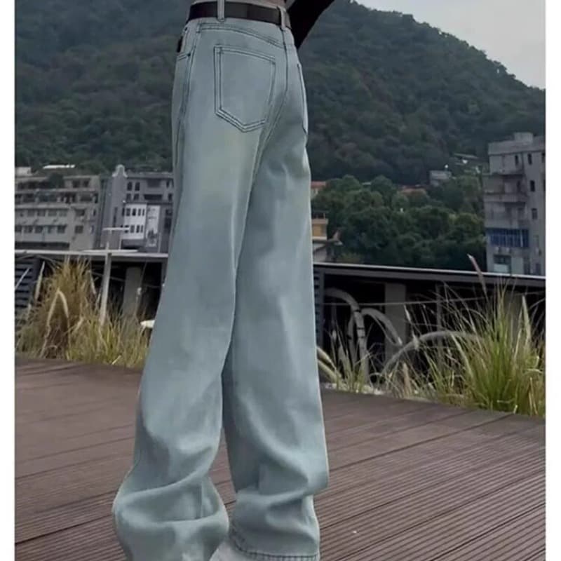 밝은색 넓은 다리 모통이 칼 청바지 여성 봄 가을 새로운 빅 사이즈 지방 mm 하이웨이스트 슬림해 보이는 루즈핏 스트레이트 바닥 청소 바지 이미지 6