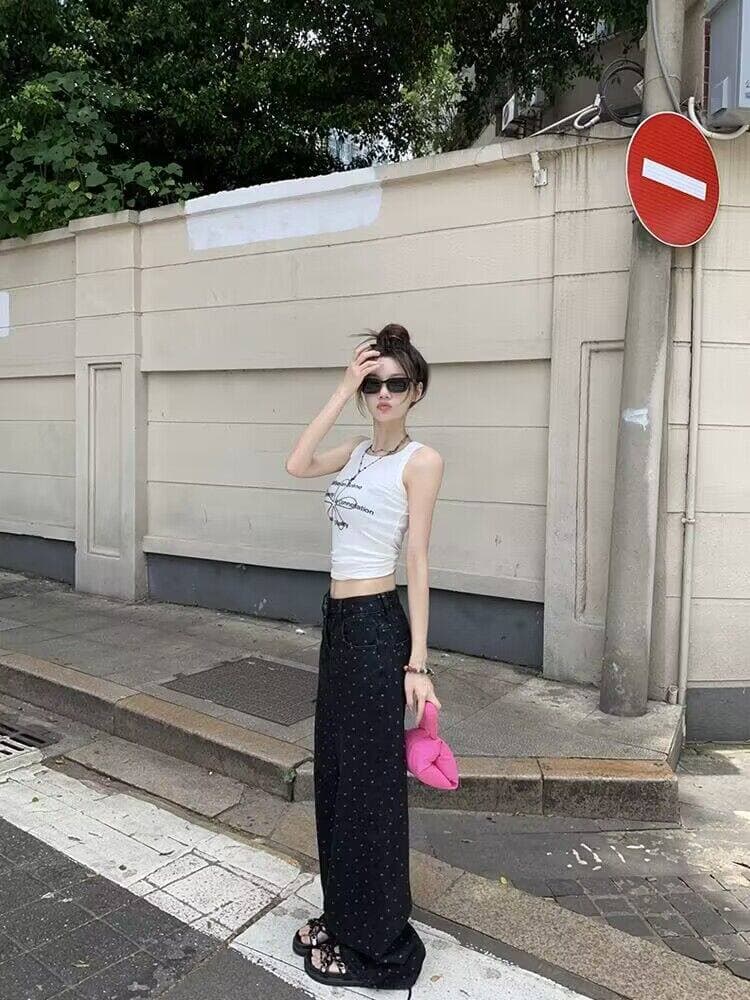 검정색 도트 무늬 프린트 스트레이트 청바지 여성 여름 새로운 통통한 여동생 mm 하이웨이스트 루즈핏 표지 넓적 다리 넓은 다리 길이 바지 상세 이미지 5