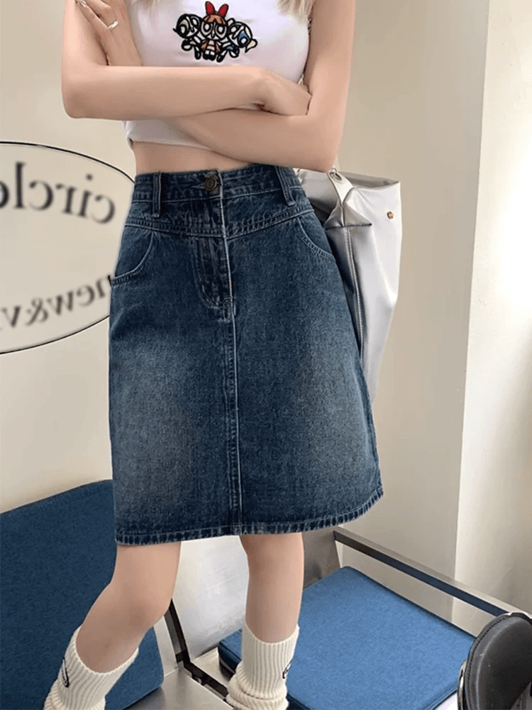 2026 년 여름 새로운 빅 사이즈 5 점 데님 반신 미니 스커트 여성 통통한 여동생 레트로 슬림해 보이는 캐주얼 중간 스커트 트렌디 상세 이미지 2