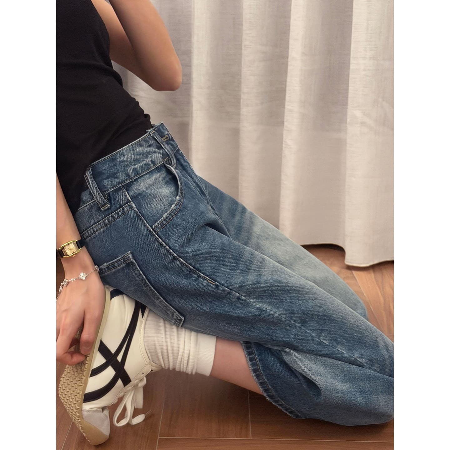 레트로 넓은 다리 청바지 여성 여름 새로운 통통한 여동생 mm 하이웨이스트 루즈핏 슬림해 보이는 표지 넓적 다리 스트레이트 7 점 바지 이미지 5