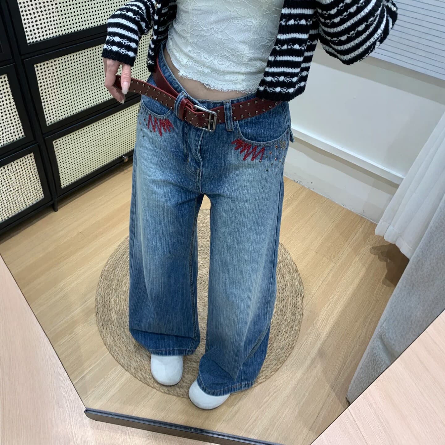 아메리칸 레트로 자수 넓은 다리 청바지 여성 가을 새로운 빅 사이즈 지방 mm 하이웨이스트 루즈핏 슬림해 보이는 스트레이트 바지 이미지 5