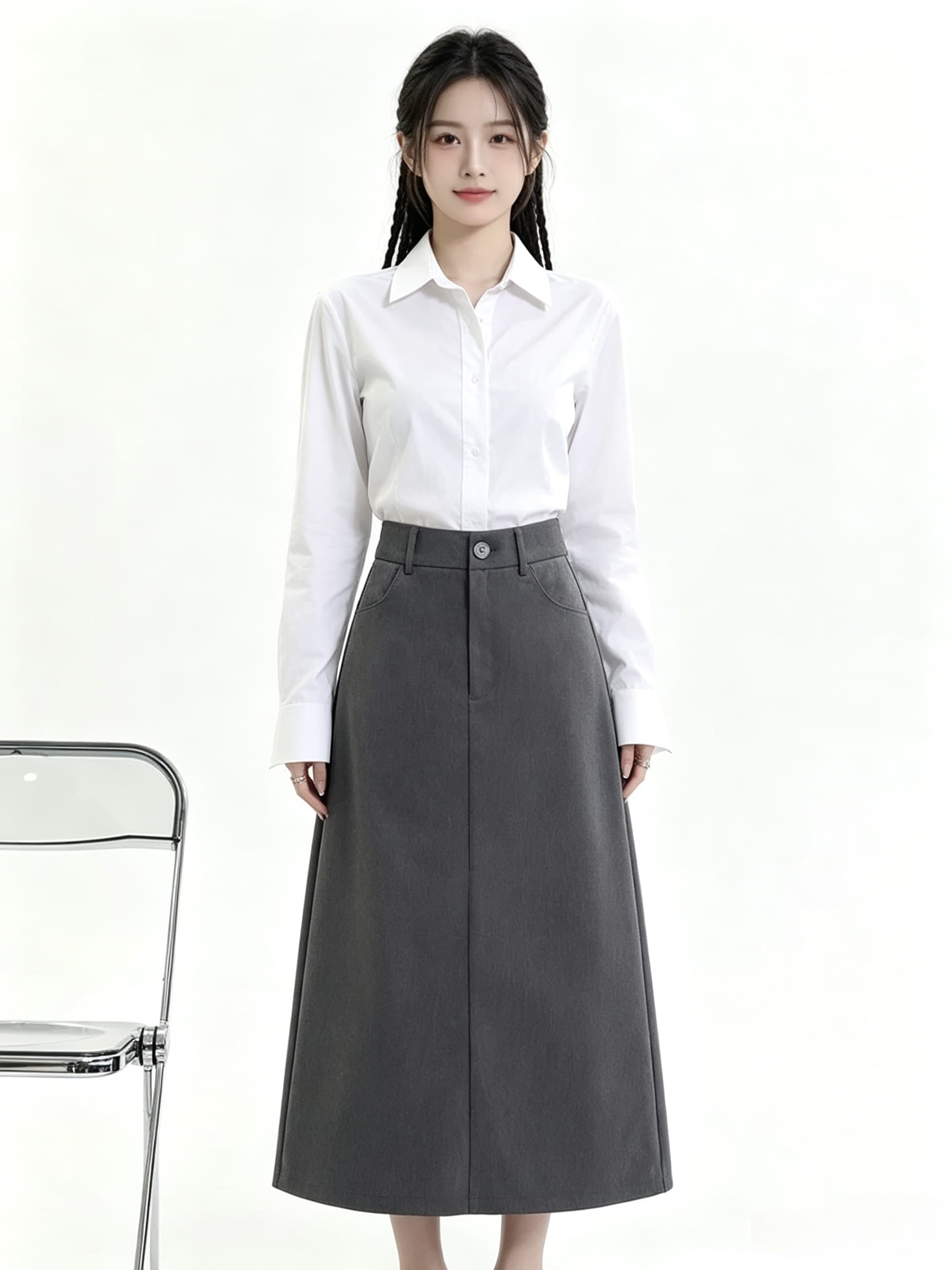 회색 정장 반신 스커트 여성 봄 여름 새로운 통통한 여동생 m m 하이웨이스트 표지 넓적 다리 슬림해 보이는 배 종류 몸 한 마디 롱 스커트 상세 이미지 3