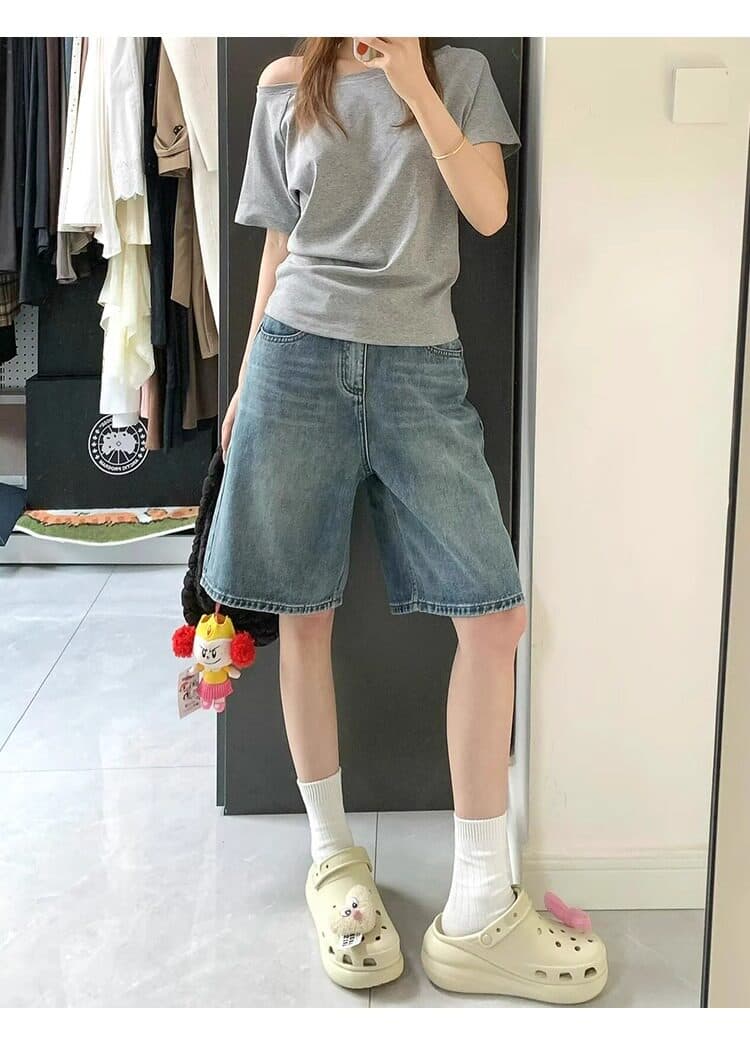 레트로 넓은 다리 데님 반바지 여성 여름 새로운 빅 사이즈 지방 mm 루즈핏 슬림해 보이는 배 모양 몸 5 점 스트레이트 바지 상세 이미지 8