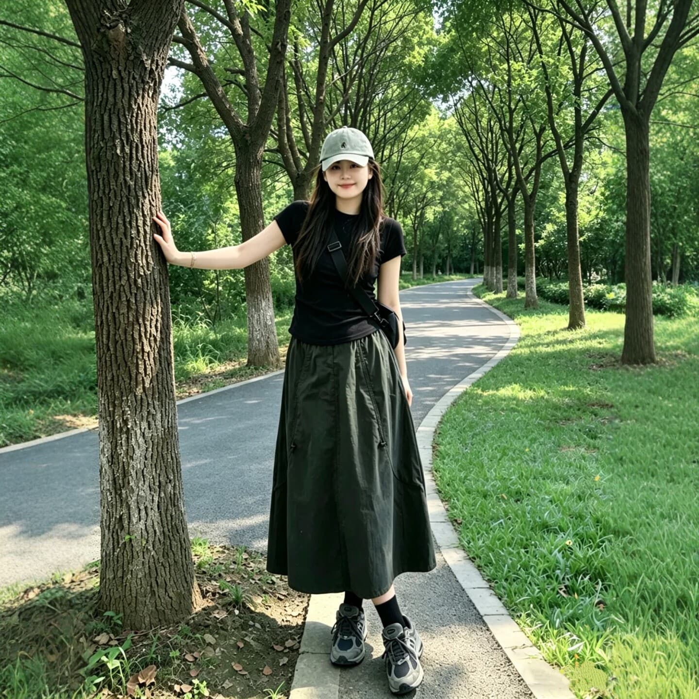 녹색 워크웨어 치마 여성 여름 빅 사이즈 지방 mm 하이웨이스트 루즈핏 슬림해 보이는 배 종류 몸 중간 길이 한 마디 반신 스커트 이미지 6