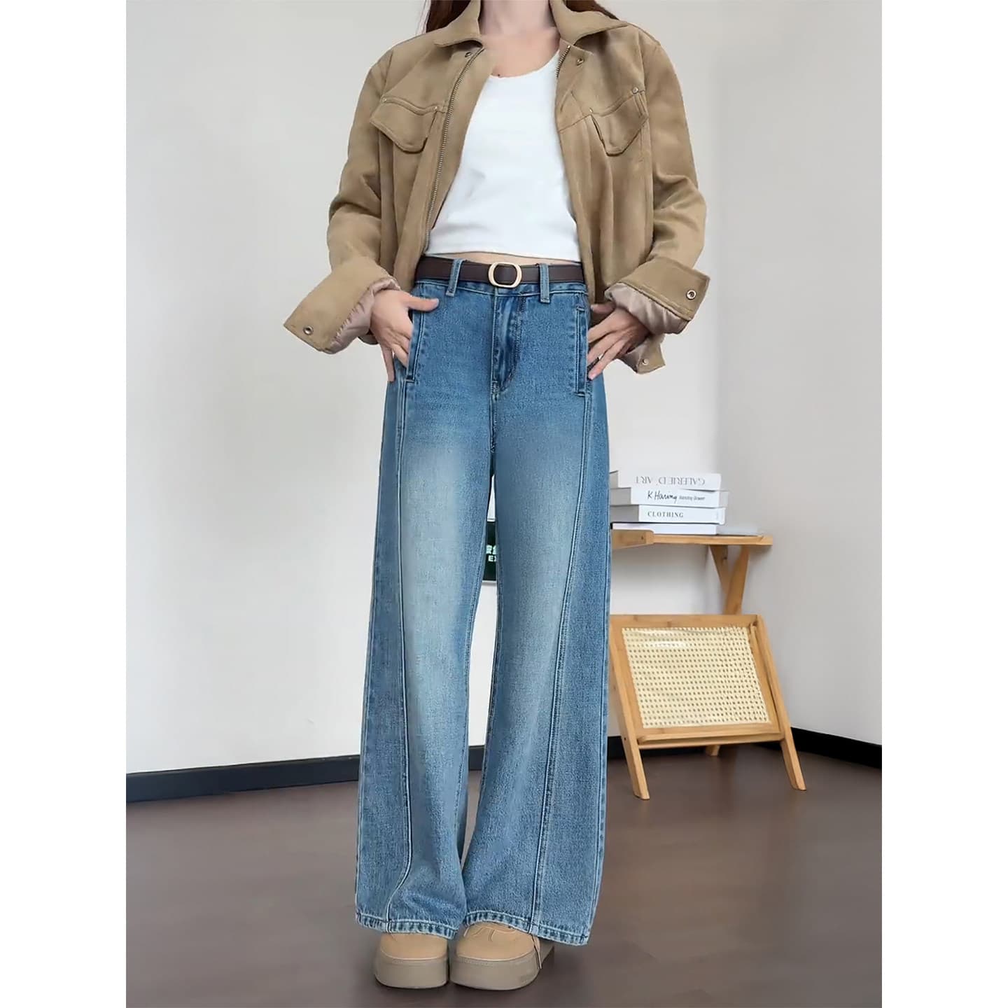레트로 블루 스트레이트 청바지 여성 봄 새로운 통통한 여동생 mm 하이웨이스트 루즈핏 슬림해 보이는 스트레이트 좁은 에디션 와이드 레그 팬츠 이미지 2