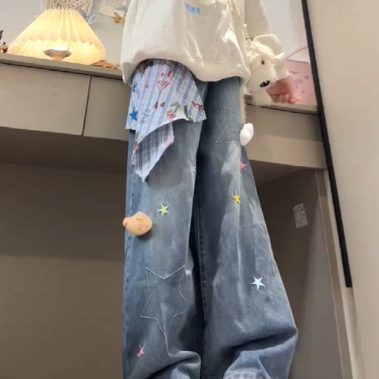 아메리칸 레트로 별 자수 정사각형 스카프 넓은 다리 청바지 여성 이른 가을 새로운 루즈핏 슬림해 보이는 스트레이트 바닥 청소 바지