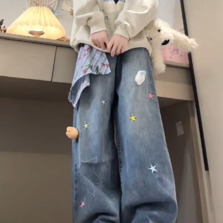 아메리칸 레트로 별 자수 정사각형 스카프 넓은 다리 청바지 여성 이른 가을 새로운 루즈핏 슬림해 보이는 스트레이트 바닥 청소 바지 이미지 3