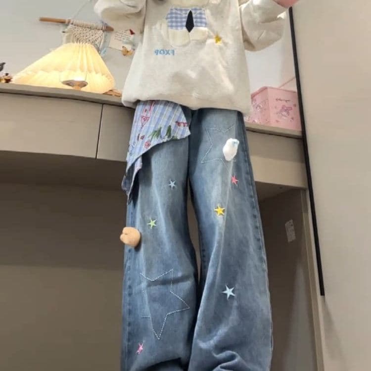 아메리칸 레트로 별 자수 정사각형 스카프 넓은 다리 청바지 여성 이른 가을 새로운 루즈핏 슬림해 보이는 스트레이트 바닥 청소 바지 이미지 4