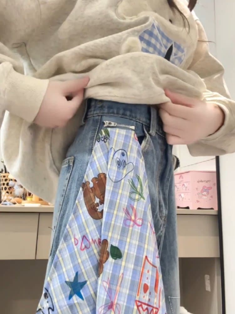 아메리칸 레트로 별 자수 정사각형 스카프 넓은 다리 청바지 여성 이른 가을 새로운 루즈핏 슬림해 보이는 스트레이트 바닥 청소 바지 상세 이미지 6
