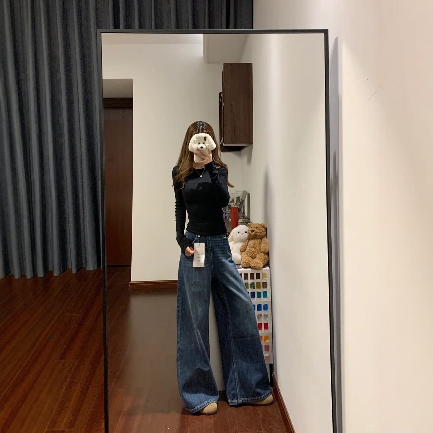 아메리칸 레트로 블루 넓은 다리 청바지 여성 가을 새로운 빅 사이즈 지방 mm 루즈핏 슬림해 보이는 도루 센스 스트레이트 바닥 청소 바지 이미지 3