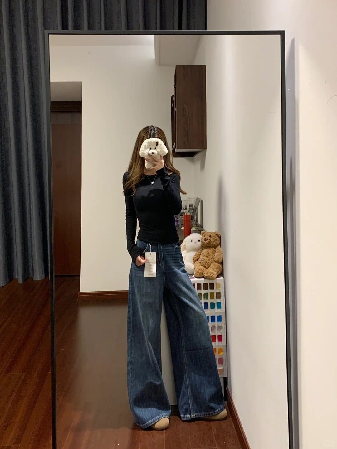 아메리칸 레트로 블루 넓은 다리 청바지 여성 가을 새로운 빅 사이즈 지방 mm 루즈핏 슬림해 보이는 도루 센스 스트레이트 바닥 청소 바지 상세 이미지 10