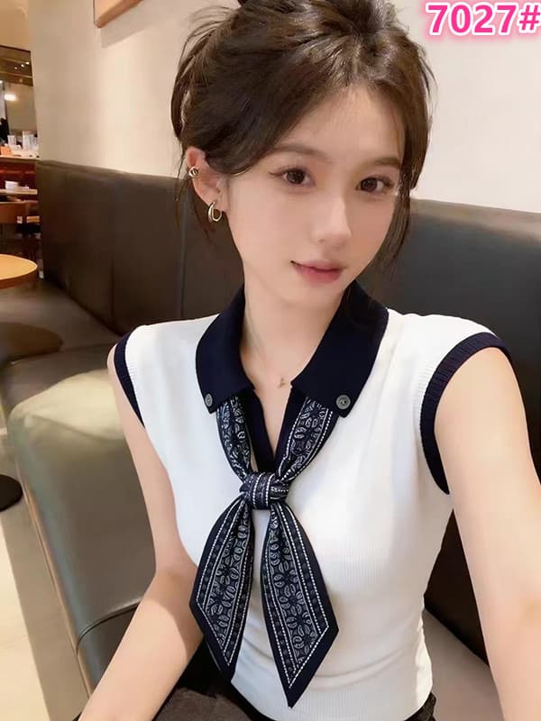 외국 가스 연령 감소 폴로 칼라 스카프 니트 뒤로 심장 안에 가져 가라. 몸매 가꾸기 슬립 수 있습니다. 외출용 쇼트 스타일 화이트 민소매 맨위 여름