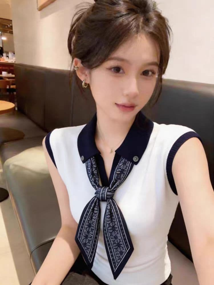 외국 가스 연령 감소 폴로 칼라 스카프 니트 뒤로 심장 안에 가져 가라. 몸매 가꾸기 슬립 수 있습니다. 외출용 쇼트 스타일 화이트 민소매 맨위 여름 이미지 3
