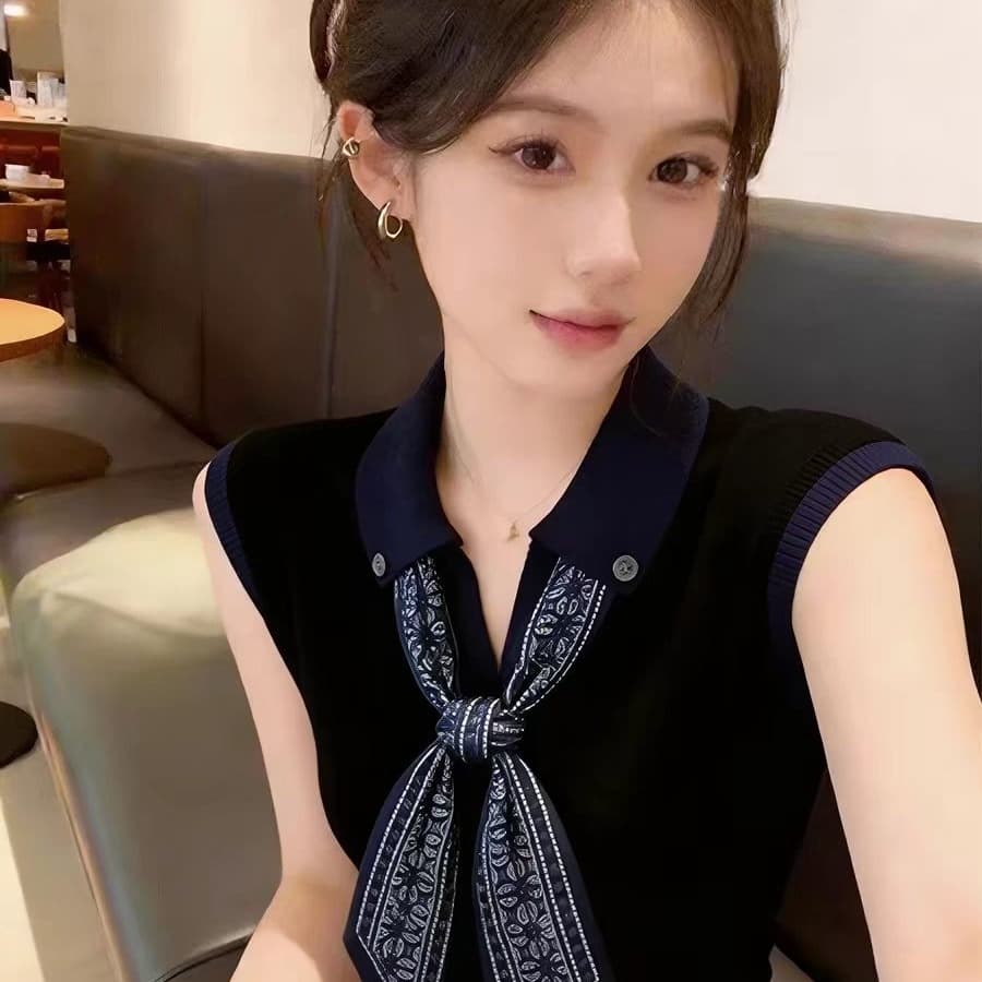 외국 가스 연령 감소 폴로 칼라 스카프 니트 뒤로 심장 안에 가져 가라. 몸매 가꾸기 슬립 수 있습니다. 외출용 쇼트 스타일 화이트 민소매 맨위 여름 이미지 5