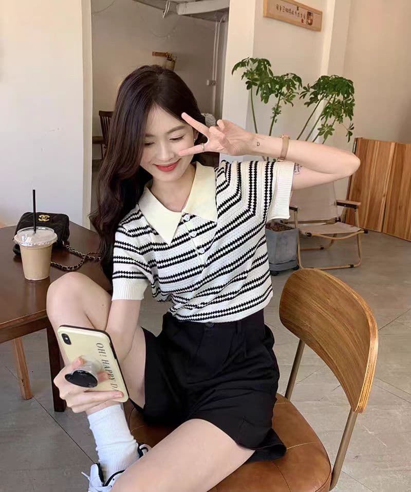 학원 스타일 연령 감소 소녀 센스 작은 키 스트라이프 맨위 POLO 칼라 디자인 센스 몸매 가꾸기 여름 얇은 스타일 니트 스웨터 상세 이미지 4