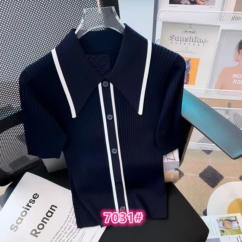 고급 센스 품격 폴로 칼라 배색 싱글 줄 버튼 몸매 가꾸기 쇼트 스타일 니트 스웨터 polo 반팔 맨위
